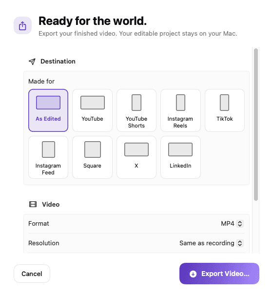 The export sheet. Nine destination tiles, each drawn as the frame it produces — As Edited, YouTube, YouTube Shorts, Instagram Reels, TikTok, Instagram Feed, Square, X and LinkedIn — above the format and resolution settings.