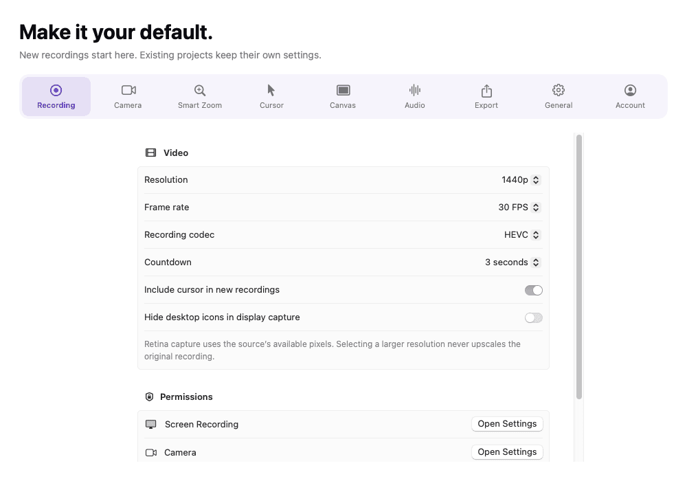 The Recording settings screen: resolution, frame rate, recording codec and countdown, switches for including the cursor and hiding desktop icons, and a Permissions section that opens each macOS privacy setting.